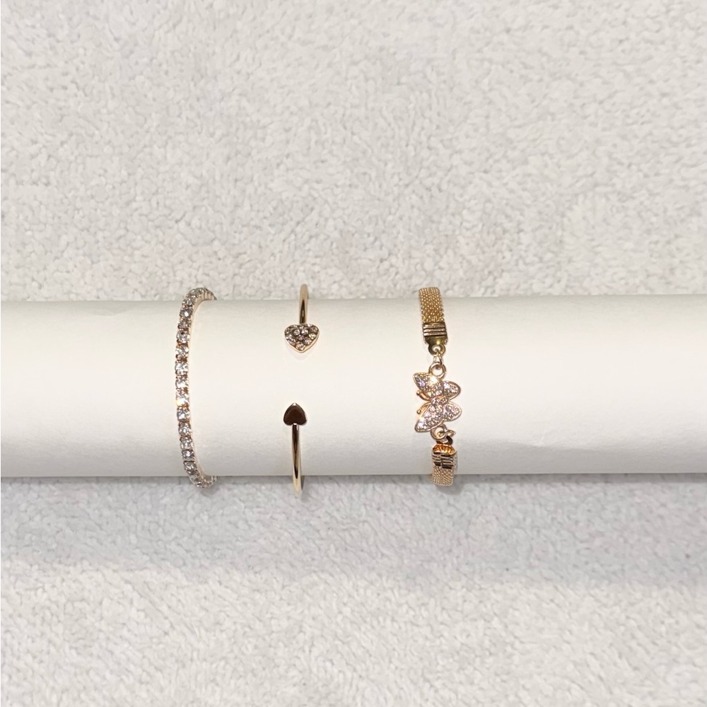 Set of 3 Gold Bracelets Women's Butterfly Crystal Style Tennis Heart Adjustable - Picture 9 of 9
